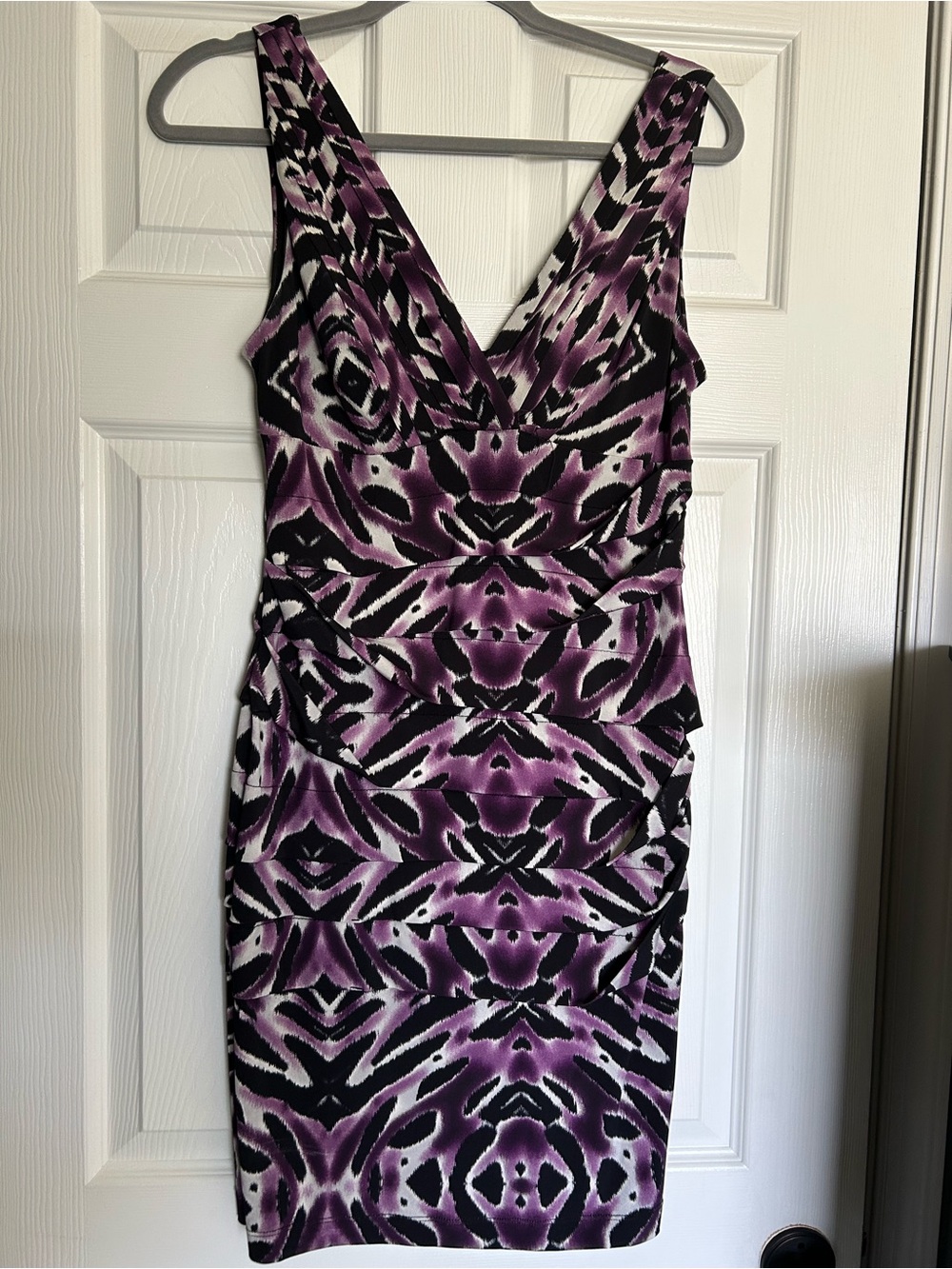 Bisou Bisou Purple White and Black Patterned Midi Dress